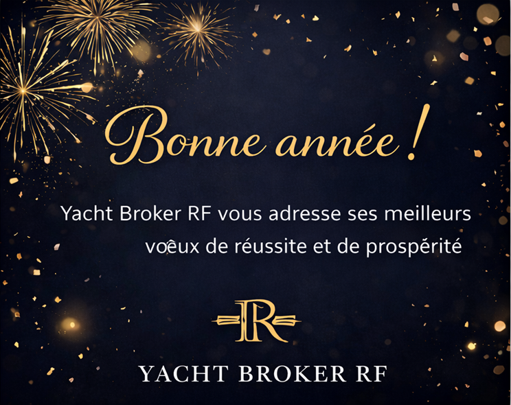 Carte de vœux Yacht Broker RF – Bonnes année, ambiance élégante bleu marine et doré avec décorations de Noël