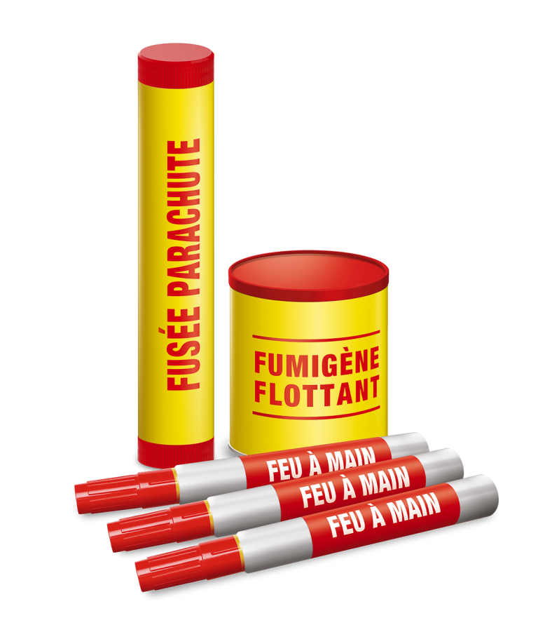 Feux de détresse pyrotechniques nautiques : fusée parachute, fumigène flottant et feux à main utilisés pour la sécurité en mer.